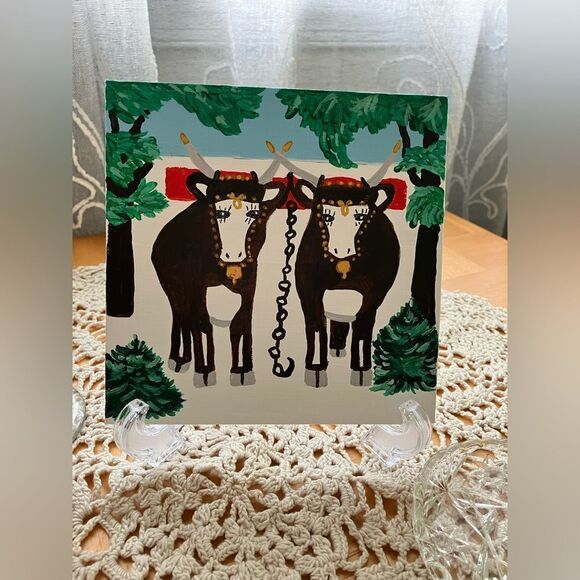 Original folk art “Ode to Maude” on Canvas Board adorable oxen painting 6x6” - Picture 1 of 2